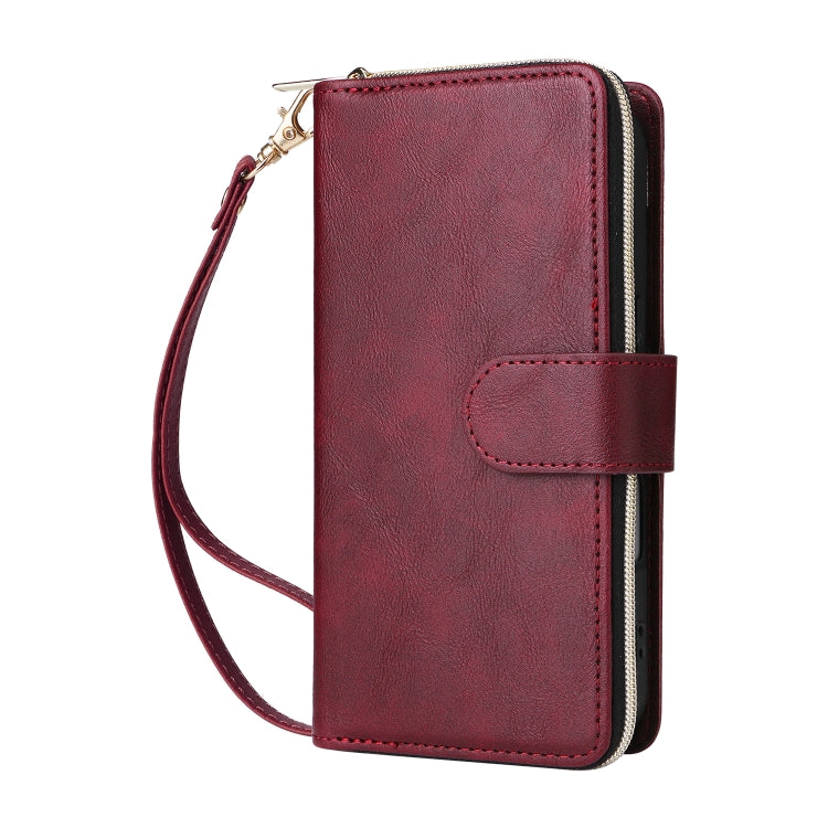 For iPhone 16 9 Card Slots Zipper Wallet Bag Leather Phone Case(Wine Red) - iPhone 16 Cases by PMC Jewellery | Online Shopping South Africa | PMC Jewellery | Buy Now Pay Later Mobicred