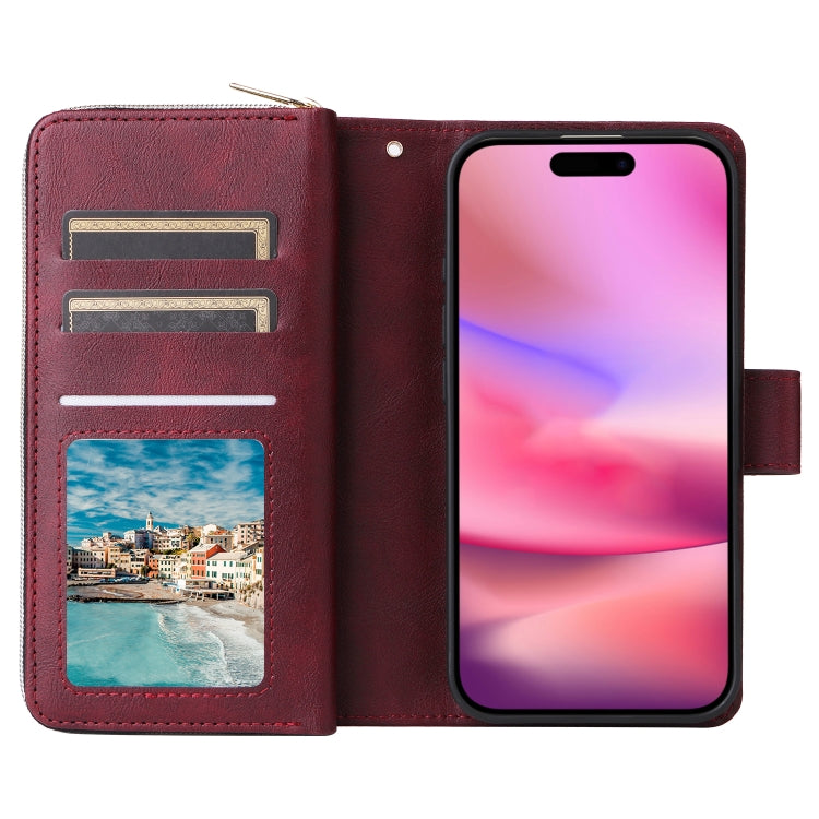 For iPhone 16 9 Card Slots Zipper Wallet Bag Leather Phone Case(Wine Red) - iPhone 16 Cases by PMC Jewellery | Online Shopping South Africa | PMC Jewellery | Buy Now Pay Later Mobicred