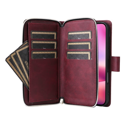 For iPhone 16 9 Card Slots Zipper Wallet Bag Leather Phone Case(Wine Red) - iPhone 16 Cases by PMC Jewellery | Online Shopping South Africa | PMC Jewellery | Buy Now Pay Later Mobicred