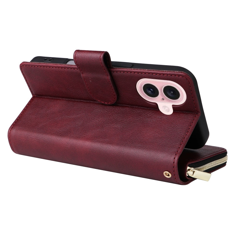 For iPhone 16 9 Card Slots Zipper Wallet Bag Leather Phone Case(Wine Red) - iPhone 16 Cases by PMC Jewellery | Online Shopping South Africa | PMC Jewellery | Buy Now Pay Later Mobicred