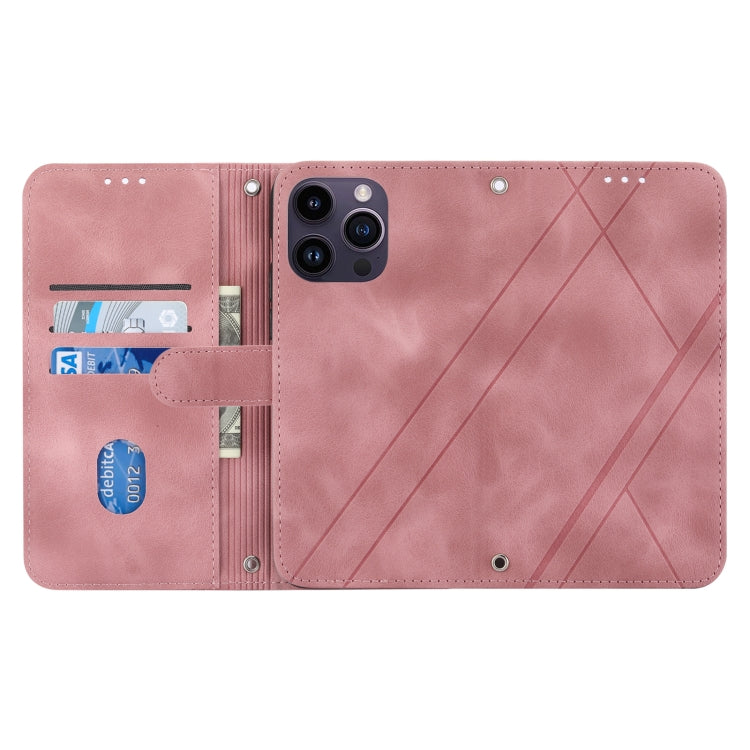 For iPhone 16 Pro Embossed Line Leather Phone Case with Lanyard(Pink) - iPhone 16 Pro Cases by PMC Jewellery | Online Shopping South Africa | PMC Jewellery | Buy Now Pay Later Mobicred