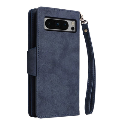 For Google Pixel 8 Pro Rivet Buckle 9 Cards Three Fold Leather Phone Case(Blue) - Google Cases by PMC Jewellery | Online Shopping South Africa | PMC Jewellery | Buy Now Pay Later Mobicred