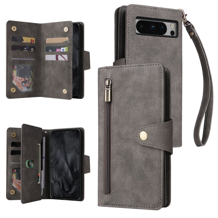 For Google Pixel 8 Pro Rivet Buckle 9 Cards Three Fold Leather Phone Case(Grey) - Google Cases by PMC Jewellery | Online Shopping South Africa | PMC Jewellery | Buy Now Pay Later Mobicred