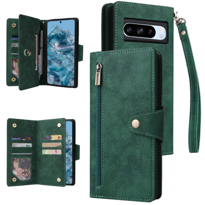 For Google Pixel 8a Rivet Buckle 9 Cards Three Fold Leather Phone Case(Green) - Google Cases by PMC Jewellery | Online Shopping South Africa | PMC Jewellery | Buy Now Pay Later Mobicred