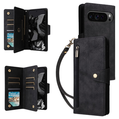 For Google Pixel 9 Pro Rivet Buckle 9 Cards Three Fold Leather Phone Case(Black) - Google Cases by PMC Jewellery | Online Shopping South Africa | PMC Jewellery | Buy Now Pay Later Mobicred