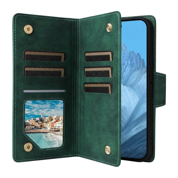 For Google Pixel 9 Rivet Buckle 9 Cards Three Fold Leather Phone Case(Green) - Google Cases by PMC Jewellery | Online Shopping South Africa | PMC Jewellery | Buy Now Pay Later Mobicred