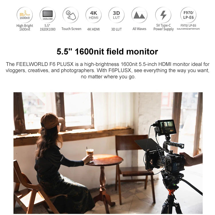 FEELWORLD F6 PLUSX 5.5 inch High Bright 1600nit Touch Screen DSLR Camera Field Monitor IPS FHD1920x1080 4K HDMI(Black) - free shipping - PMC TechLife - Order now!