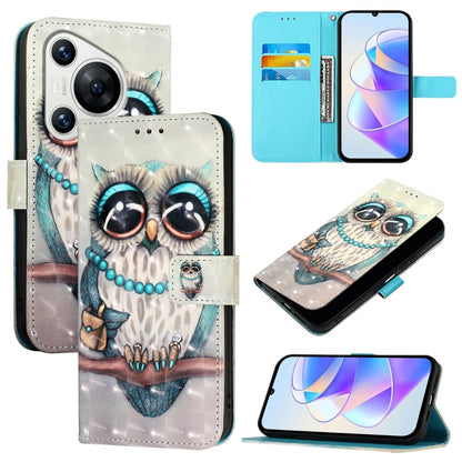 For Huawei Pura 70 3D Painting Horizontal Flip Leather Phone Case(Grey Owl) - Huawei Cases by PMC Jewellery | Online Shopping South Africa | PMC Jewellery | Buy Now Pay Later Mobicred