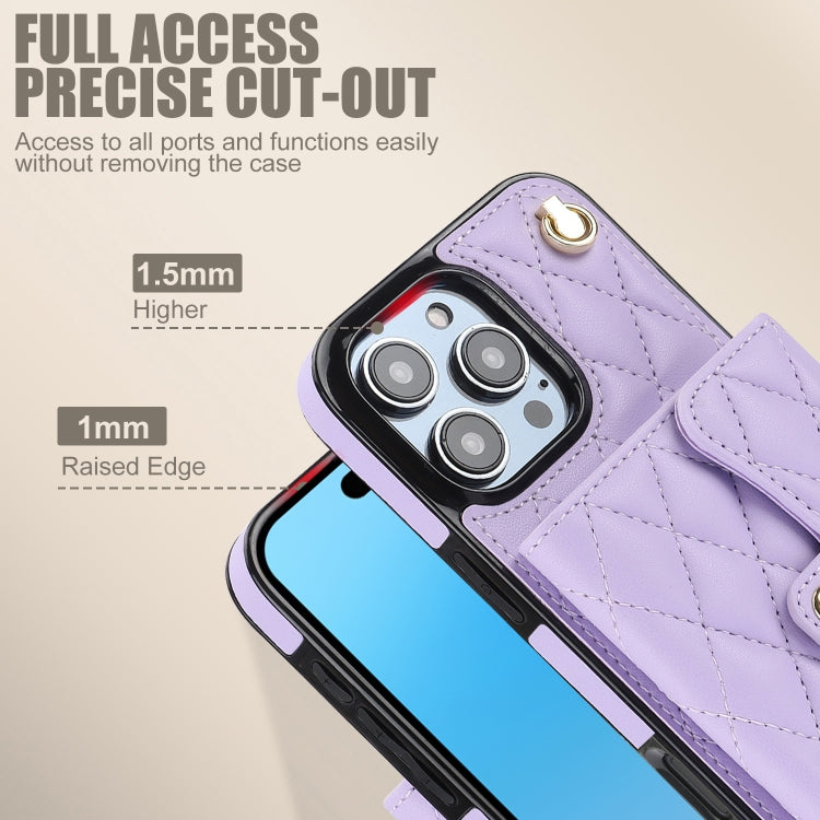 For iPhone 16 Pro Max Crossbody Rhombic Horizontal Wallet Leather Phone Case(Purple) - iPhone 16 Pro Max Cases by PMC Jewellery | Online Shopping South Africa | PMC Jewellery | Buy Now Pay Later Mobicred