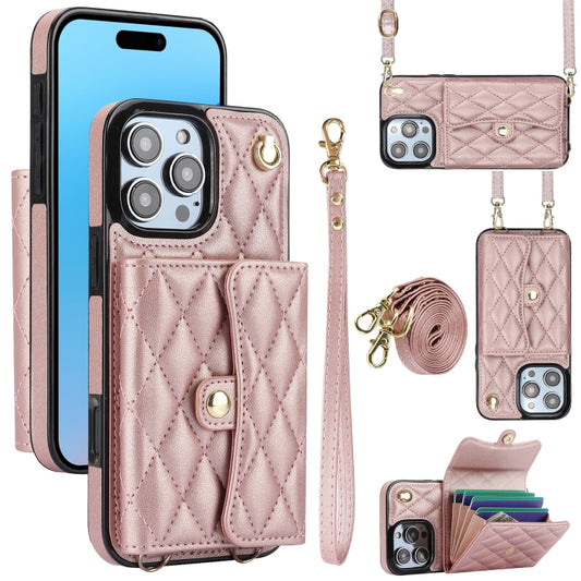 For iPhone 16 Pro Crossbody Rhombic Horizontal Wallet Leather Phone Case(Rose Gold) - iPhone 16 Pro Cases by PMC Jewellery | Online Shopping South Africa | PMC Jewellery | Buy Now Pay Later Mobicred