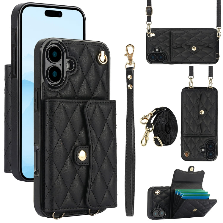 For iPhone 16 Plus Crossbody Rhombic Horizontal Wallet Leather Phone Case(Black) - iPhone 16 Plus Cases by PMC Jewellery | Online Shopping South Africa | PMC Jewellery | Buy Now Pay Later Mobicred