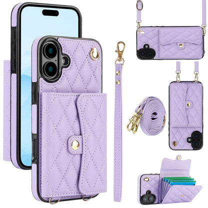 For iPhone 16 Plus Crossbody Rhombic Horizontal Wallet Leather Phone Case(Purple) - iPhone 16 Plus Cases by PMC Jewellery | Online Shopping South Africa | PMC Jewellery | Buy Now Pay Later Mobicred