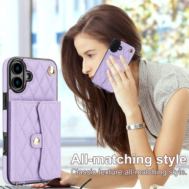 For iPhone 16 Plus Crossbody Rhombic Horizontal Wallet Leather Phone Case(Purple) - iPhone 16 Plus Cases by PMC Jewellery | Online Shopping South Africa | PMC Jewellery | Buy Now Pay Later Mobicred