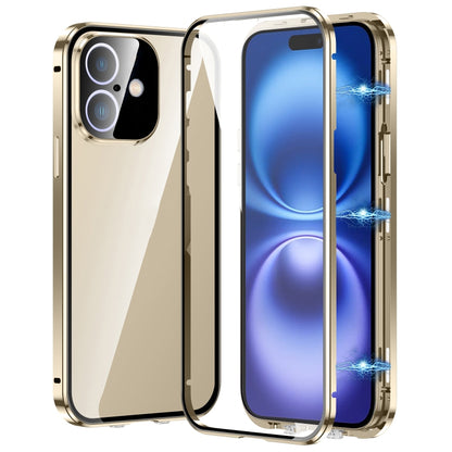 For iPhone 16 Magnetic Double-buckle HD Tempered Glass Phone Case(Gold) - iPhone 16 Cases by PMC Jewellery | Online Shopping South Africa | PMC Jewellery | Buy Now Pay Later Mobicred