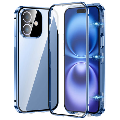 For iPhone 16 Magnetic Double-buckle HD Tempered Glass Phone Case(Blue) - iPhone 16 Cases by PMC Jewellery | Online Shopping South Africa | PMC Jewellery | Buy Now Pay Later Mobicred