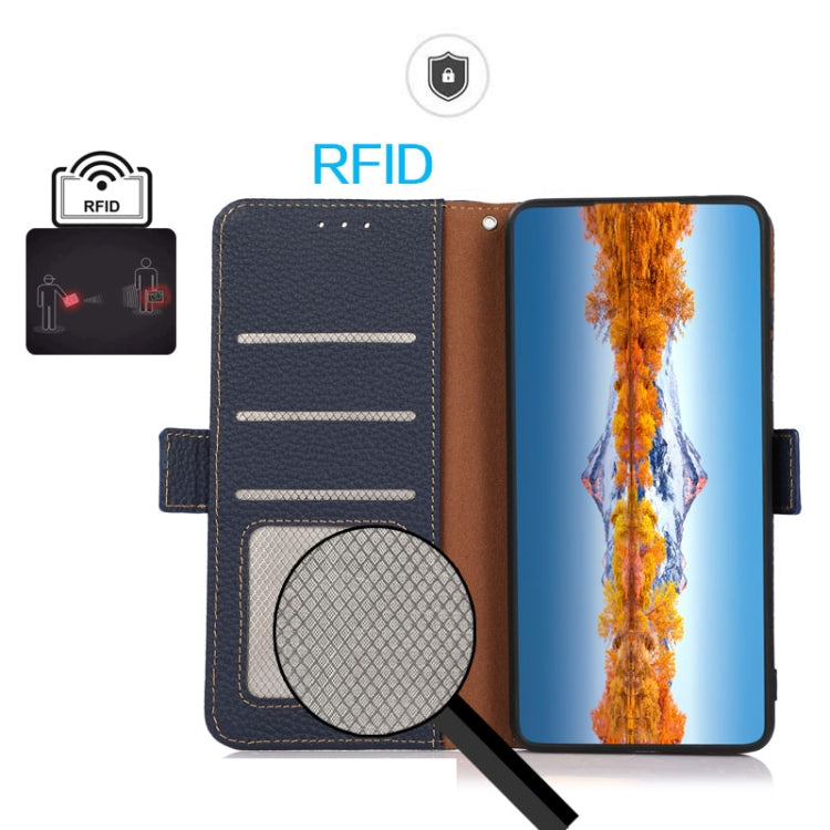 For Sony Xperia 5 V KHAZNEH Side-Magnetic Litchi Genuine Leather RFID Case(Blue) - Sony Cases by PMC TechLife | Online Shopping South Africa | PMC TechLife | Buy Now Pay Later Mobicred
