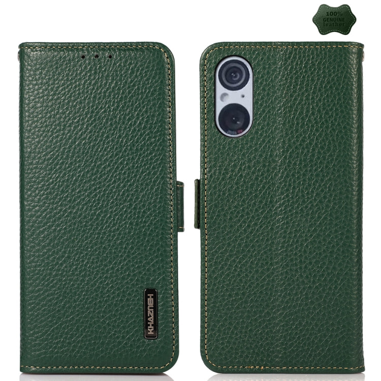 For Sony Xperia 5 V KHAZNEH Side-Magnetic Litchi Genuine Leather RFID Case(Green) - Sony Cases by PMC TechLife | Online Shopping South Africa | PMC TechLife | Buy Now Pay Later Mobicred