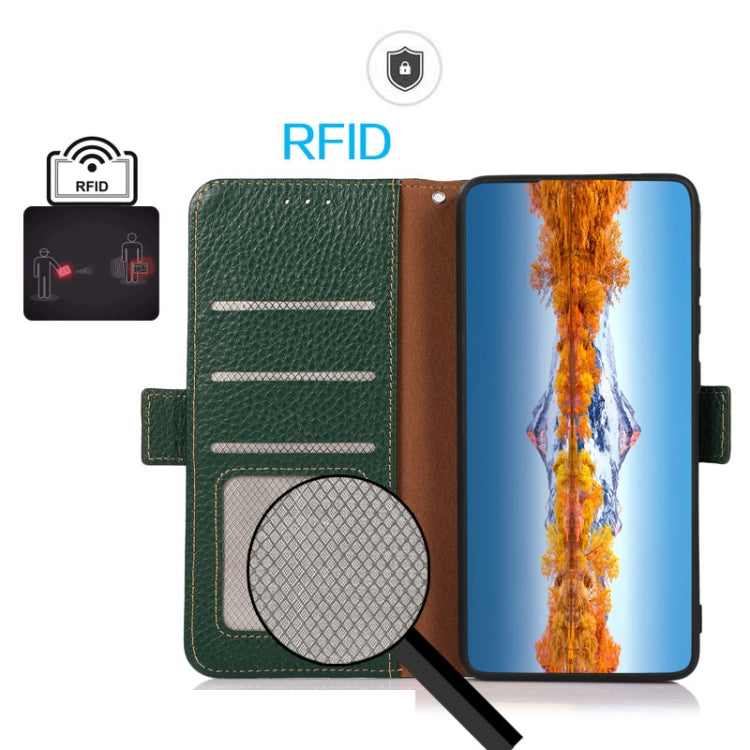 For Sony Xperia 5 V KHAZNEH Side-Magnetic Litchi Genuine Leather RFID Case(Green) - Sony Cases by PMC TechLife | Online Shopping South Africa | PMC TechLife | Buy Now Pay Later Mobicred