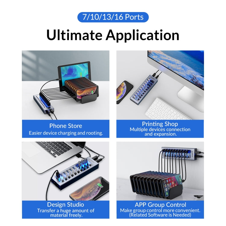 ORICO AT2U3-16AB-GY-BP 16 Ports USB 3.0 HUB with Individual Switches & Blue LED Indicator(UK Plug) - free shipping - PMC Jewellery - Order now!