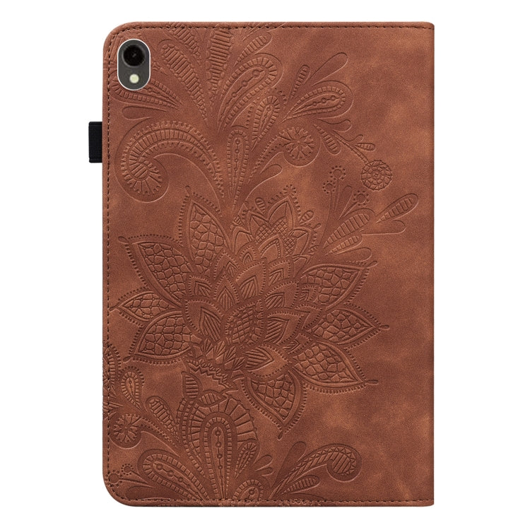 For Samsung Galaxy Tab S9 Lace Flower Embossing Pattern PU Tablet Case(Brown) - Galaxy Tab S9 Cases by PMC Jewellery | Online Shopping South Africa | PMC Jewellery | Buy Now Pay Later Mobicred