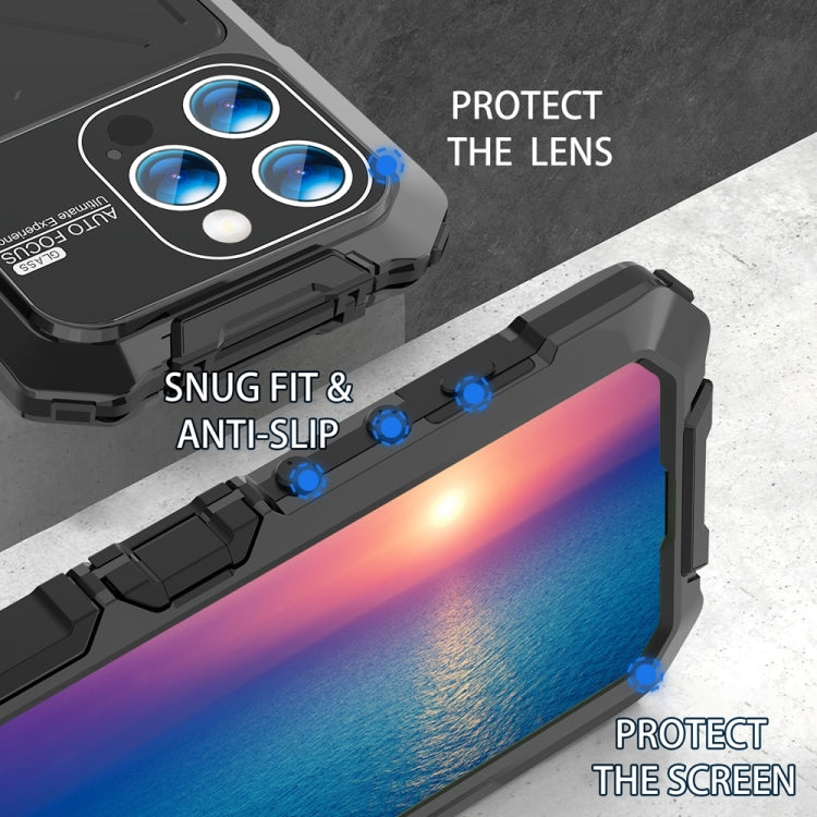 For iPhone 15 Pro Max R-JUST Metal + Silicone + Tempered Glass Life Waterproof Phone Case with Holder(Black) - free shipping - PMC TechLife - Order now!
