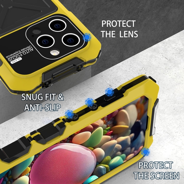 For iPhone 15 Pro Max R-JUST Metal + Silicone + Tempered Glass Life Waterproof Phone Case with Holder(Yellow) - iPhone 15 Pro Max Cases by R-JUST | Online Shopping South Africa | PMC TechLife | Buy Now Pay Later Mobicred