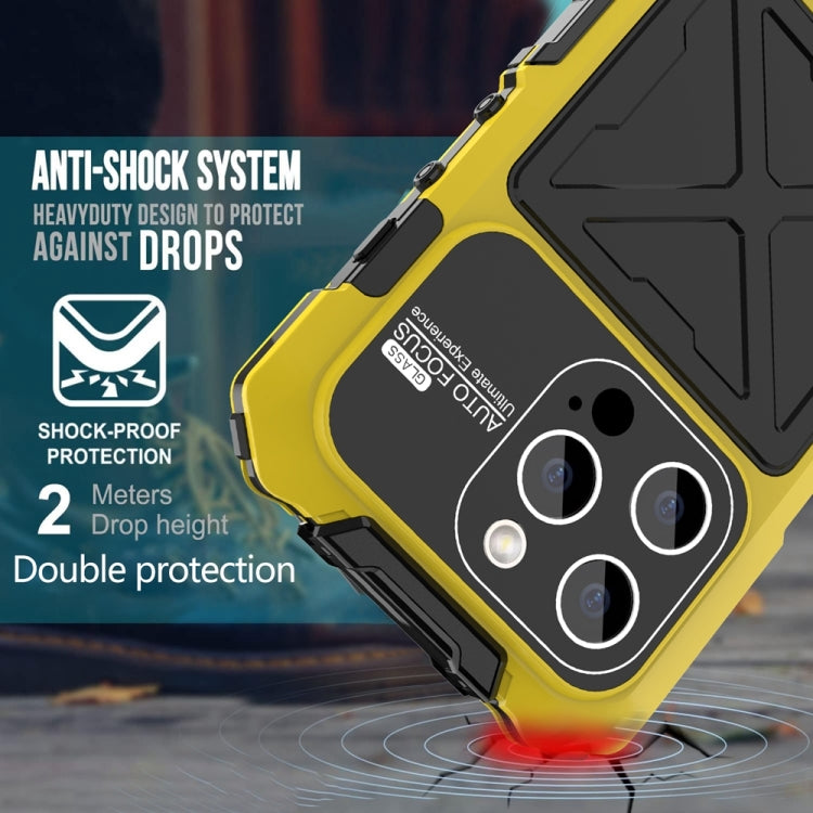 For iPhone 15 Pro Max R-JUST Metal + Silicone + Tempered Glass Life Waterproof Phone Case with Holder(Yellow) - iPhone 15 Pro Max Cases by R-JUST | Online Shopping South Africa | PMC TechLife | Buy Now Pay Later Mobicred