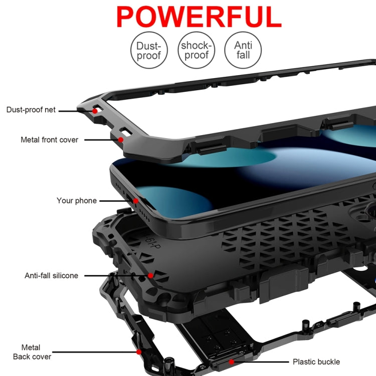 For iPhone 15 Pro R-JUST Metal + Silicone + Tempered Glass Life Waterproof Phone Case with Holder(Black) - free shipping - PMC TechLife - Order now!