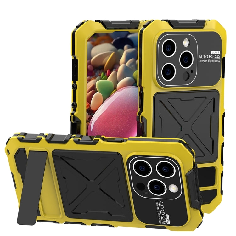 For iPhone 15 Pro R-JUST Metal + Silicone + Tempered Glass Life Waterproof Phone Case with Holder(Yellow) - iPhone 15 Pro Cases by R-JUST | Online Shopping South Africa | PMC TechLife | Buy Now Pay Later Mobicred