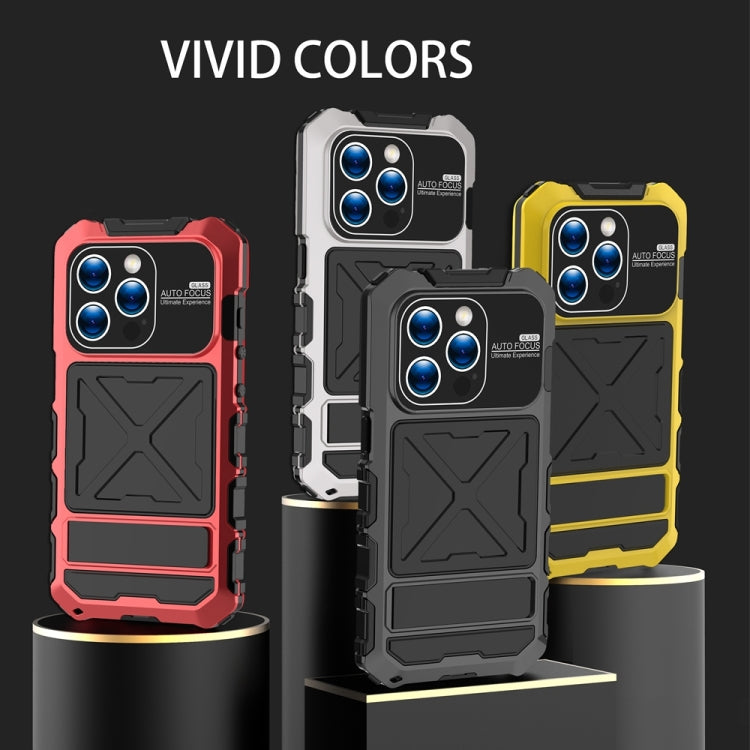 For iPhone 15 Pro R-JUST Metal + Silicone + Tempered Glass Life Waterproof Phone Case with Holder(Yellow) - iPhone 15 Pro Cases by R-JUST | Online Shopping South Africa | PMC TechLife | Buy Now Pay Later Mobicred