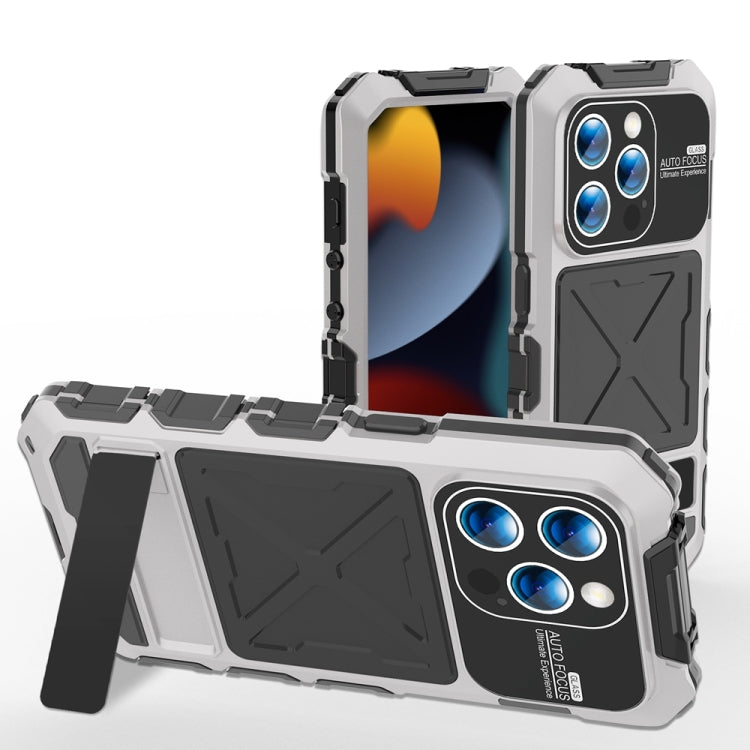 For iPhone 15 Pro R-JUST Metal + Silicone + Tempered Glass Life Waterproof Phone Case with Holder(Silver) - iPhone 15 Pro Cases by R-JUST | Online Shopping South Africa | PMC Jewellery