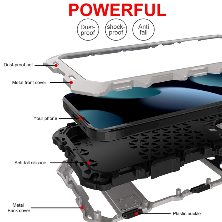 For iPhone 15 Pro R-JUST Metal + Silicone + Tempered Glass Life Waterproof Phone Case with Holder(Silver) - iPhone 15 Pro Cases by R-JUST | Online Shopping South Africa | PMC TechLife | Buy Now Pay Later Mobicred
