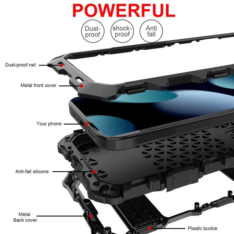 For iPhone 15 R-JUST Metal + Silicone + Tempered Glass Life Waterproof Phone Case with Holder(Black) - free shipping - PMC TechLife - Order now!