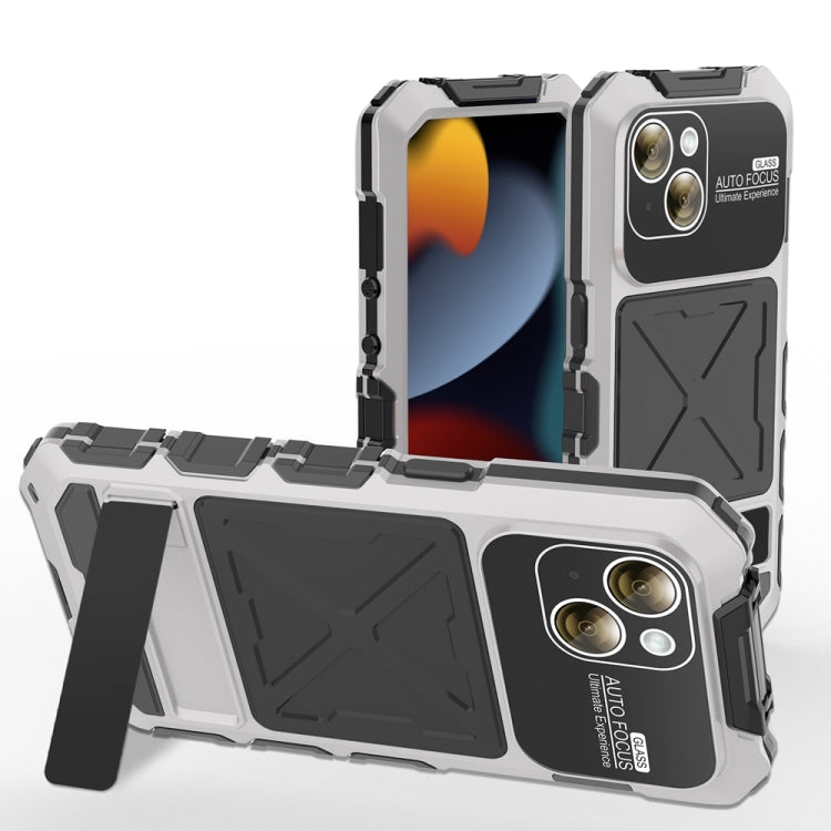 For iPhone 15 R-JUST Metal + Silicone + Tempered Glass Life Waterproof Phone Case with Holder(Silver) - iPhone 15 Cases by R-JUST | Online Shopping South Africa | PMC TechLife | Buy Now Pay Later Mobicred