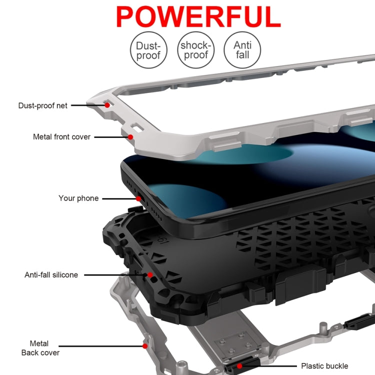 For iPhone 15 R-JUST Metal + Silicone + Tempered Glass Life Waterproof Phone Case with Holder(Silver) - iPhone 15 Cases by R-JUST | Online Shopping South Africa | PMC TechLife | Buy Now Pay Later Mobicred