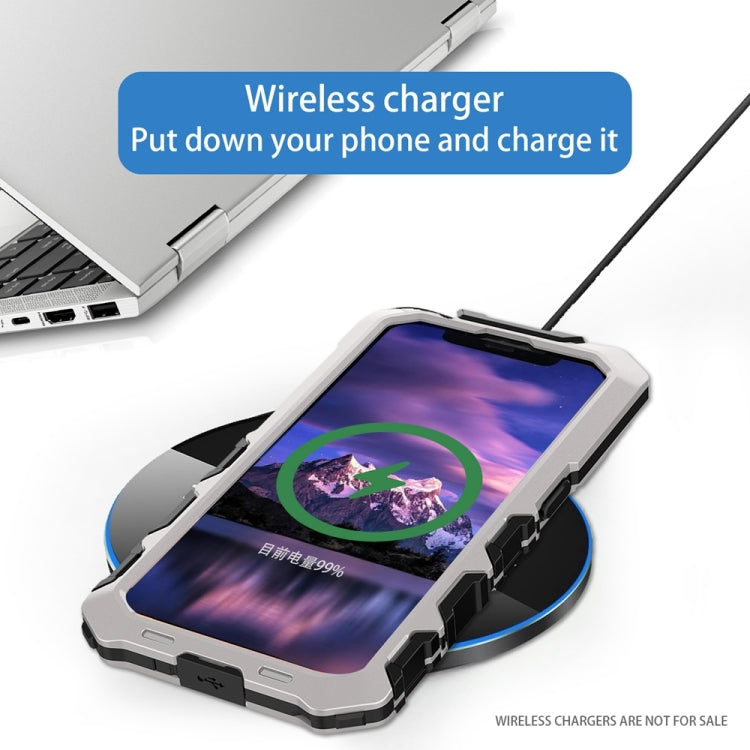For iPhone 15 R-JUST Metal + Silicone + Tempered Glass Life Waterproof Phone Case with Holder(Silver) - iPhone 15 Cases by R-JUST | Online Shopping South Africa | PMC TechLife | Buy Now Pay Later Mobicred