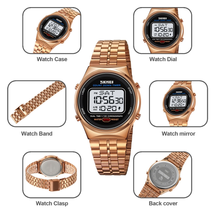 SKMEI 1882 Multifunctional Men 30M Waterproof Luminous Stainless Steel Digital Wrist Watch(Rose Gold White) - free shipping - PMC TechLife - Order now!