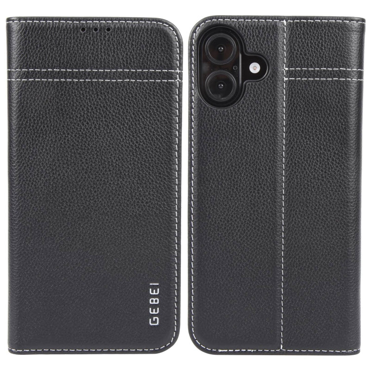 For iPhone 16 GEBEI Top-grain Horizontal Flip Leather Phone Case(Black) - iPhone 16 Cases by GEBEI | Online Shopping South Africa | PMC Jewellery | Buy Now Pay Later Mobicred