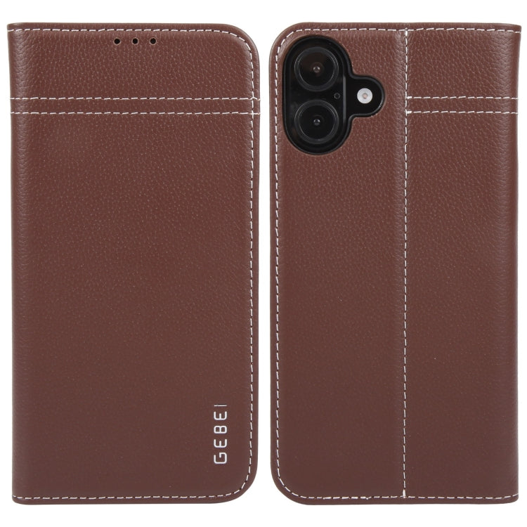 For iPhone 16 Plus GEBEI Top-grain Horizontal Flip Leather Phone Case(Brown) - iPhone 16 Plus Cases by GEBEI | Online Shopping South Africa | PMC Jewellery | Buy Now Pay Later Mobicred