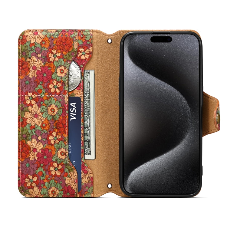 For iPhone 16 Denior Flower Language Series Cork Fabric Oil Edge Leather Phone Case(Summer) - iPhone 16 Cases by Denior | Online Shopping South Africa | PMC Jewellery | Buy Now Pay Later Mobicred