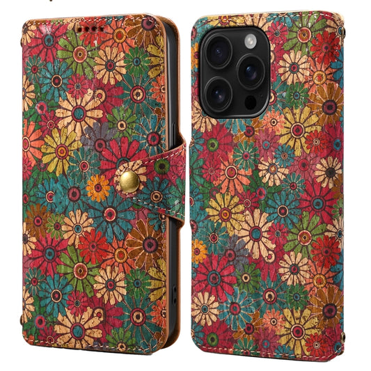 For iPhone 16 Pro Max Denior Flower Language Series Cork Fabric Oil Edge Leather Phone Case(Spring) - iPhone 16 Pro Max Cases by Denior | Online Shopping South Africa | PMC Jewellery | Buy Now Pay Later Mobicred