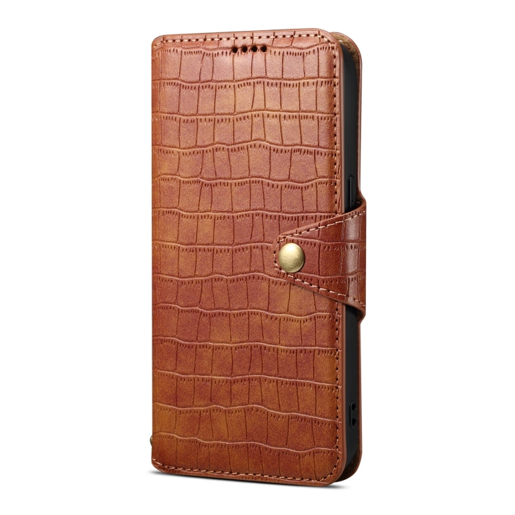 For iPhone 16 Plus Denior Crocodile Texture Oil Edge Leather Phone Case(Brown) - iPhone 16 Plus Cases by Denior | Online Shopping South Africa | PMC Jewellery | Buy Now Pay Later Mobicred