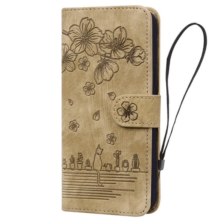 For iPhone 16 Plus Cartoon Sakura Cat Embossed Leather Phone Case(Brown) - iPhone 16 Plus Cases by PMC Jewellery | Online Shopping South Africa | PMC Jewellery | Buy Now Pay Later Mobicred