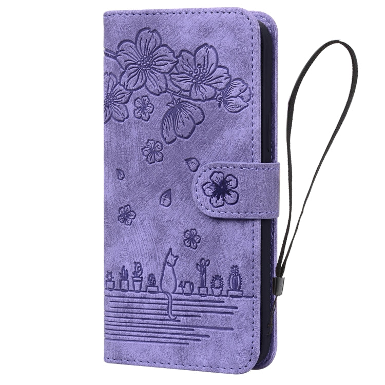 For iPhone 16 Cartoon Sakura Cat Embossed Leather Phone Case(Purple) - iPhone 16 Cases by PMC Jewellery | Online Shopping South Africa | PMC Jewellery | Buy Now Pay Later Mobicred