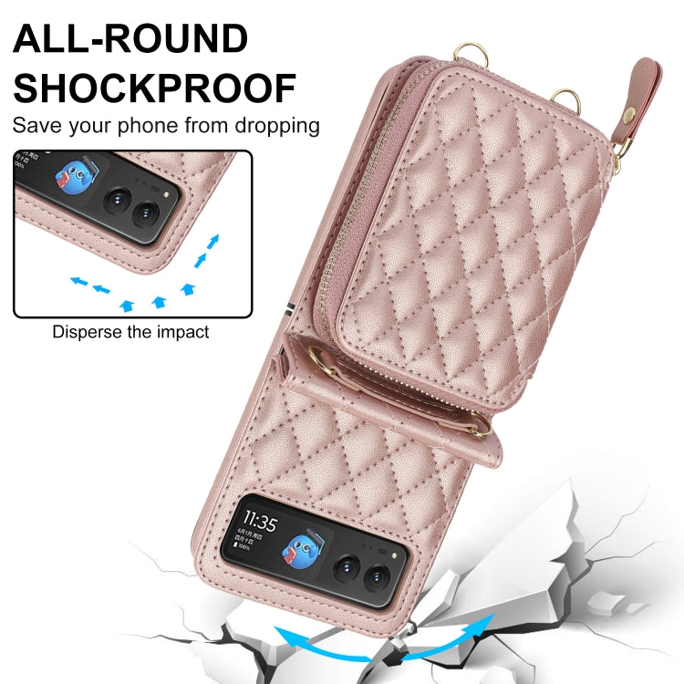For Motorola Razr 40 Rhombic Texture Card Bag Phone Case with Dual Lanyard(Rose Gold) - Motorola Cases by PMC TechLife | Online Shopping South Africa | PMC TechLife | Buy Now Pay Later Mobicred