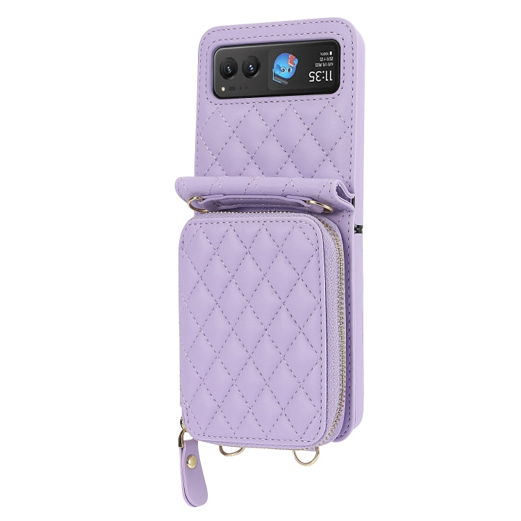 For Motorola Razr 40 Rhombic Texture Card Bag Phone Case with Dual Lanyard(Purple) - Motorola Cases by PMC TechLife | Online Shopping South Africa | PMC TechLife | Buy Now Pay Later Mobicred