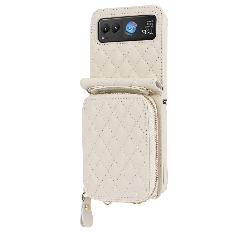 For Motorola Razr 40 Rhombic Texture Card Bag Phone Case with Dual Lanyard(White) - Motorola Cases by PMC TechLife | Online Shopping South Africa | PMC TechLife | Buy Now Pay Later Mobicred