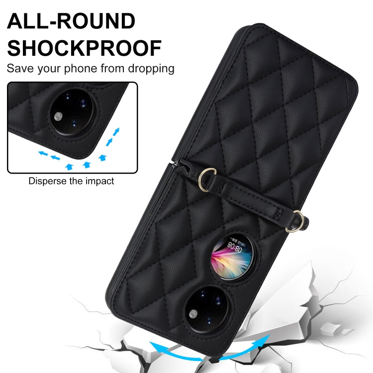 For Huawei P50 Pocket Rhombic Texture Card Bag Phone Case with Dual Lanyard(Black) - Huawei Cases by PMC TechLife | Online Shopping South Africa | PMC TechLife | Buy Now Pay Later Mobicred