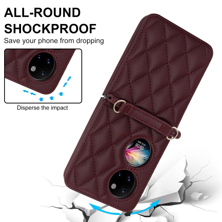 For Huawei P50 Pocket Rhombic Texture Card Bag Phone Case with Dual Lanyard(Burgundy) - free shipping - PMC TechLife - Order now!