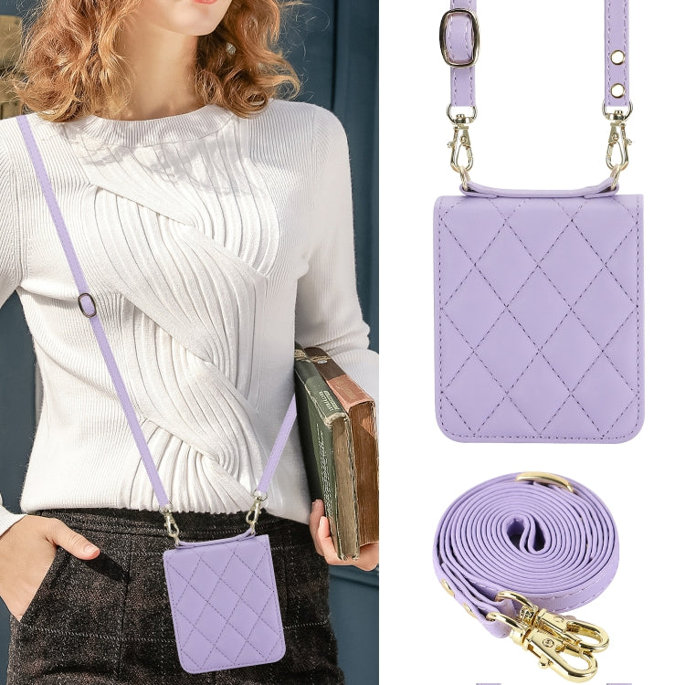 For Huawei P50 Pocket Rhombic Texture Card Bag Phone Case with Dual Lanyard(Purple) - Huawei Cases by PMC TechLife | Online Shopping South Africa | PMC TechLife | Buy Now Pay Later Mobicred